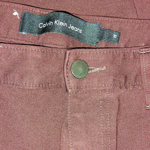 Calvin Klein Burgundy Stretch Skinny Pant Faux Leather Trim + Denim Look SZ 10 - Picture 6 of 6